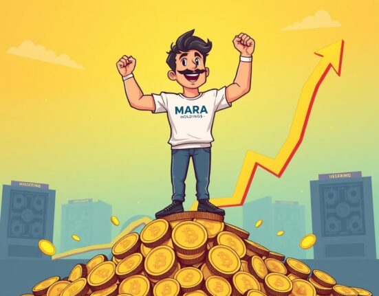 A cartoon illustration showing MARA Holdings' impressive Q2 revenue growth, with a happy miner amidst Bitcoin and financial charts.