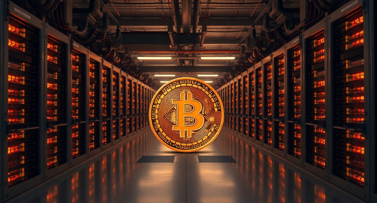 Bitcoin mining facility with rows of mining rigs at dusk