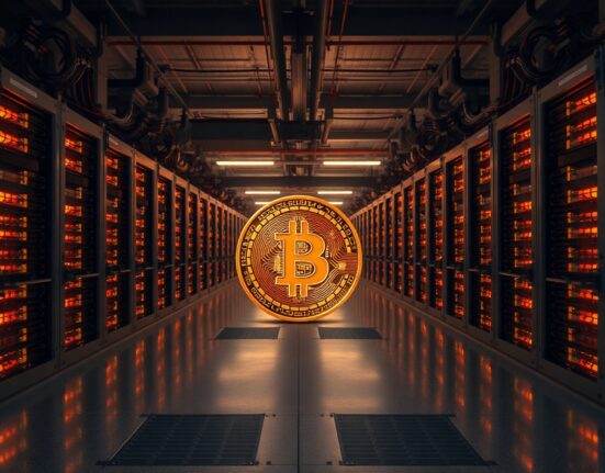 Bitcoin mining facility with rows of mining rigs at dusk