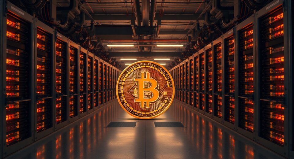 Bitcoin mining facility with rows of mining rigs at dusk