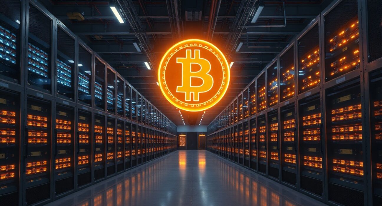 MARA Holdings Bitcoin mining facility with server racks at dusk