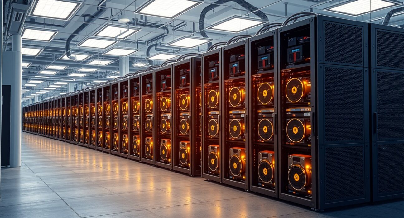 Bitcoin mining rigs inside a MARA Holdings data center facility following staff reductions.