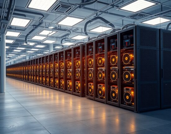 Bitcoin mining rigs inside a MARA Holdings data center facility following staff reductions.