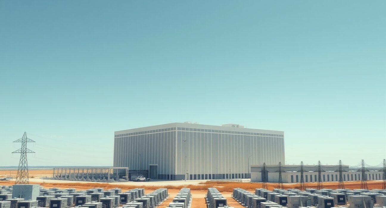 Aerial view of a large data center and power substation in a Texas desert landscape