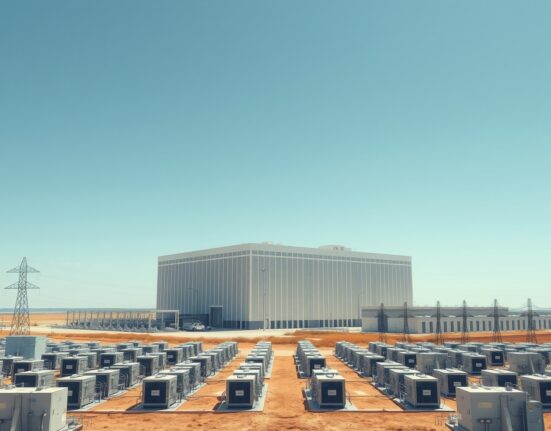 Aerial view of a large data center and power substation in a Texas desert landscape
