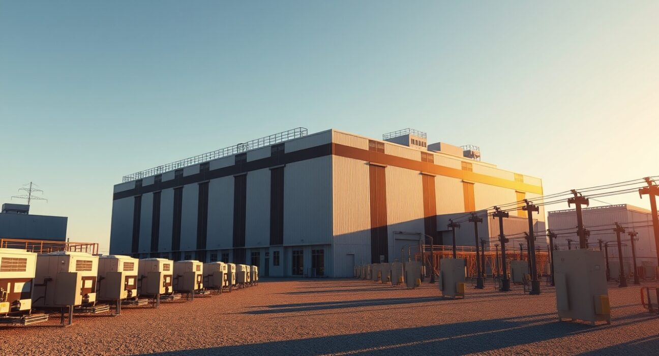 Large data center complex in Texas with industrial cooling and electrical infrastructure under a clear sky.