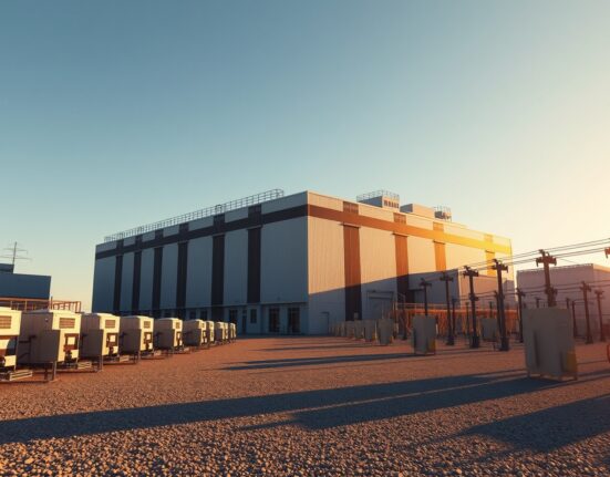 Large data center complex in Texas with industrial cooling and electrical infrastructure under a clear sky.