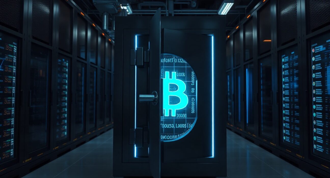 Secure vault with Bitcoin digital ledger in a data center, representing institutional crypto asset management