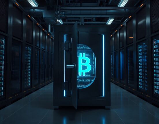 Secure vault with Bitcoin digital ledger in a data center, representing institutional crypto asset management