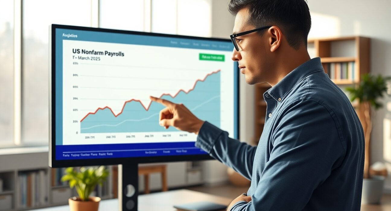Analyst reviews the March 2025 US Nonfarm Payrolls jobs report data chart in a professional office setting.