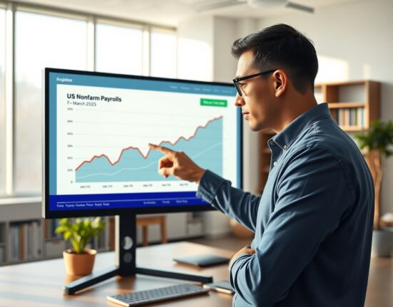 Analyst reviews the March 2025 US Nonfarm Payrolls jobs report data chart in a professional office setting.