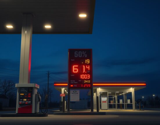 Gas station price sign showing high fuel costs driving March CPI inflation increase