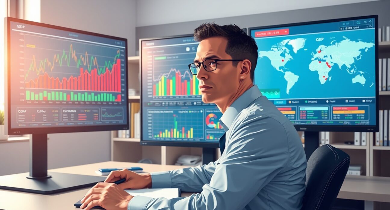 Financial analyst monitoring critical global macroeconomic data and events for market analysis and