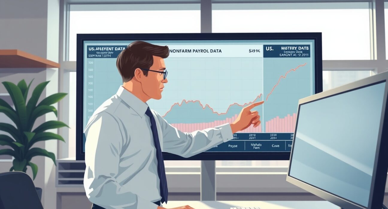 Economic analyst examining US March Nonfarm Payrolls data charts for Federal Reserve policy implications