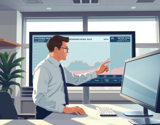 Economic analyst examining US March Nonfarm Payrolls data charts for Federal Reserve policy implications
