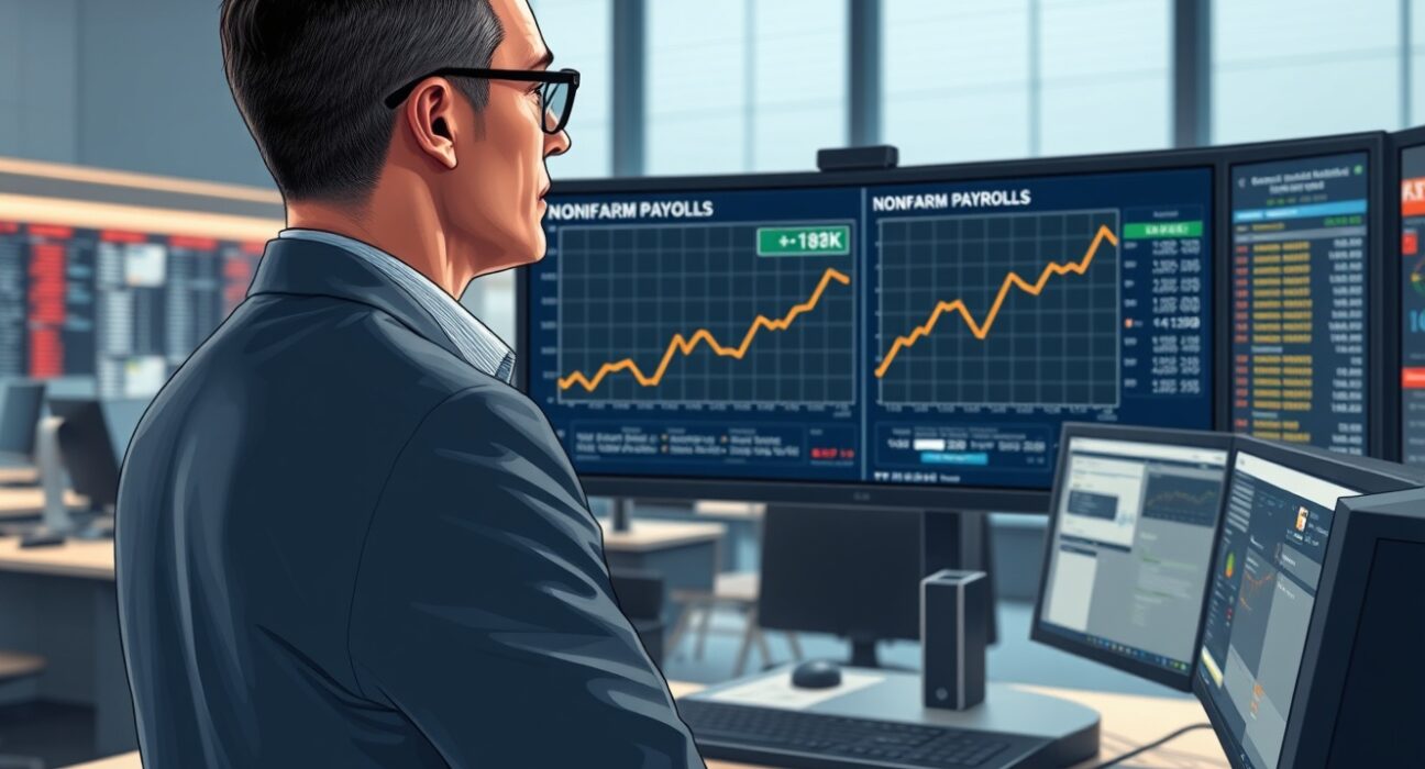 Analyst reviewing the March Nonfarm Payrolls jobs report data showing a 178K increase on a newsroom monitor.