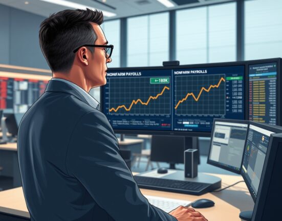 Analyst reviewing the March Nonfarm Payrolls jobs report data showing a 178K increase on a newsroom monitor.