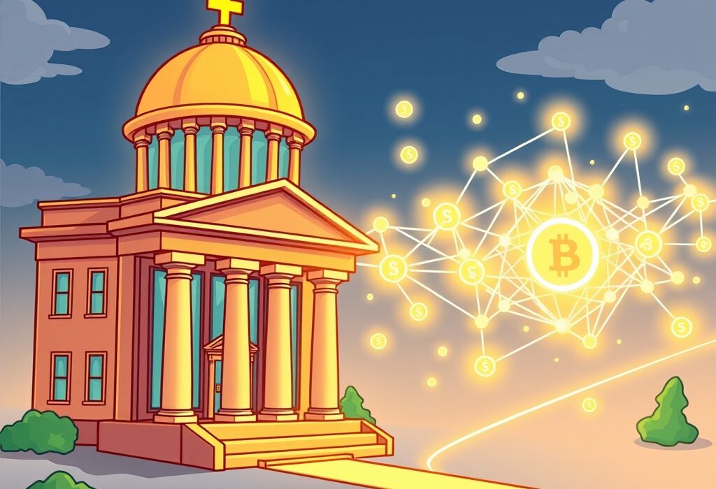 A cartoon illustration symbolizing the Marex Kinexys integration, showing traditional finance connecting with blockchain for efficient digital payments.