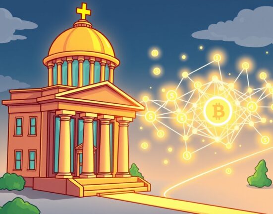 A cartoon illustration symbolizing the Marex Kinexys integration, showing traditional finance connecting with blockchain for efficient digital payments.