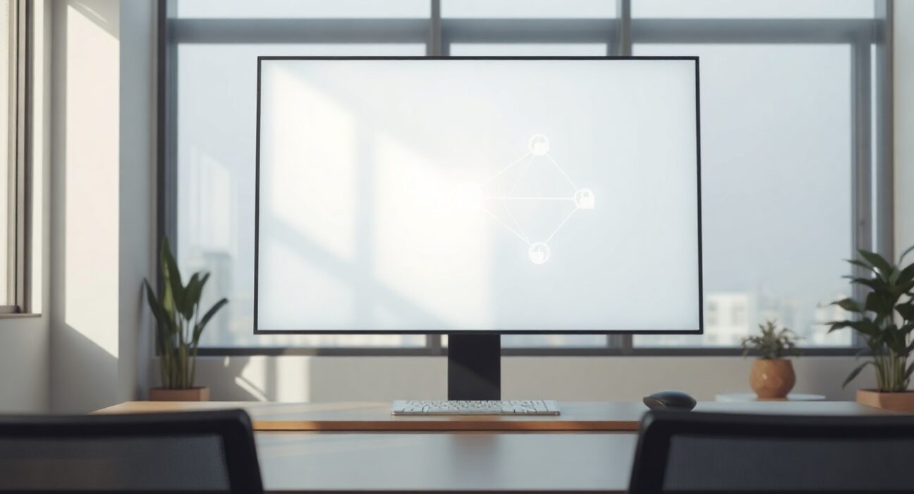 A computer monitor displaying an open-source AI model concept in a bright, modern office.