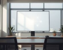 A computer monitor displaying an open-source AI model concept in a bright, modern office.
