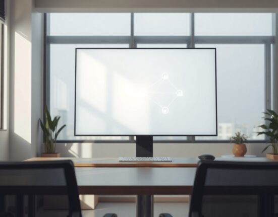 A computer monitor displaying an open-source AI model concept in a bright, modern office.
