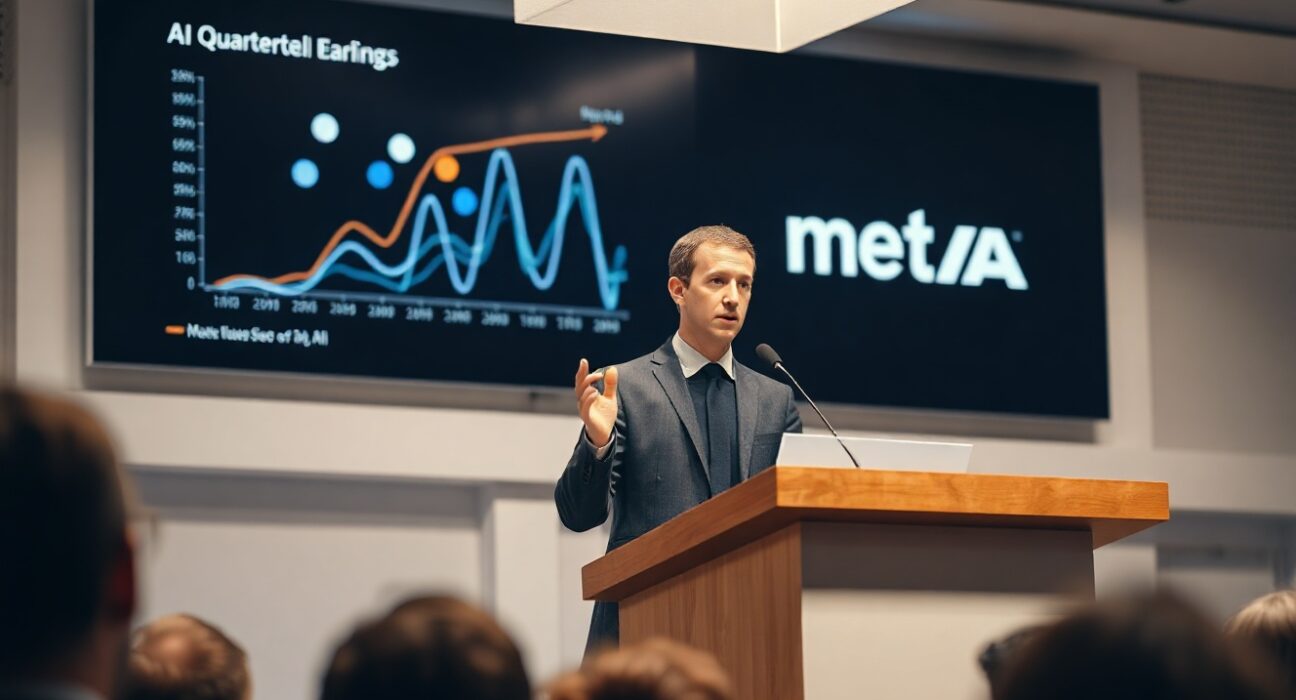 Mark Zuckerberg speaking at a Meta earnings presentation, with AI-themed graphics on a screen behind him.