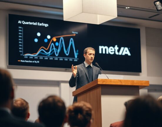 Mark Zuckerberg speaking at a Meta earnings presentation, with AI-themed graphics on a screen behind him.