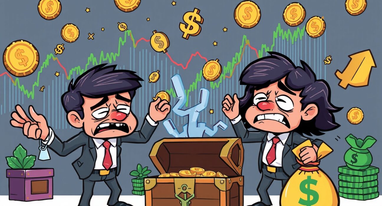 Cartoon market maker liquidity crisis showing distressed traders with empty funds during cryptocurrency downturn