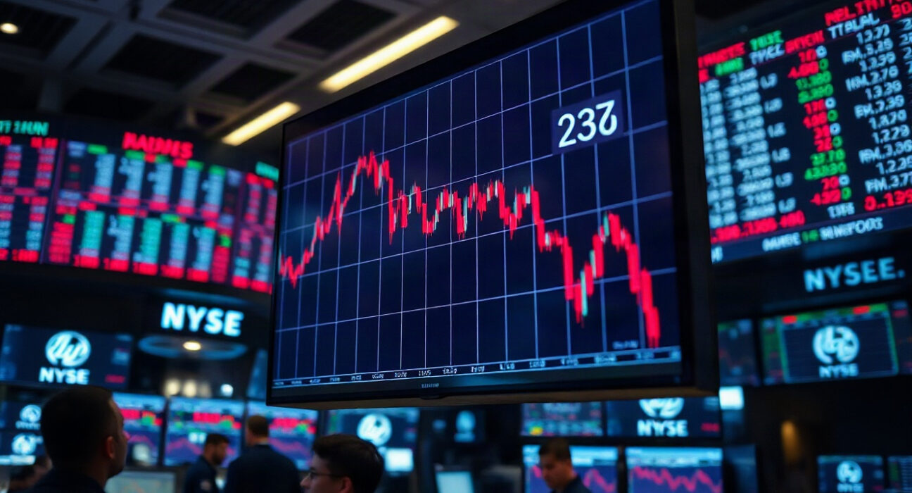 Trading screen showing red market data with downward trends on a professional trading floor