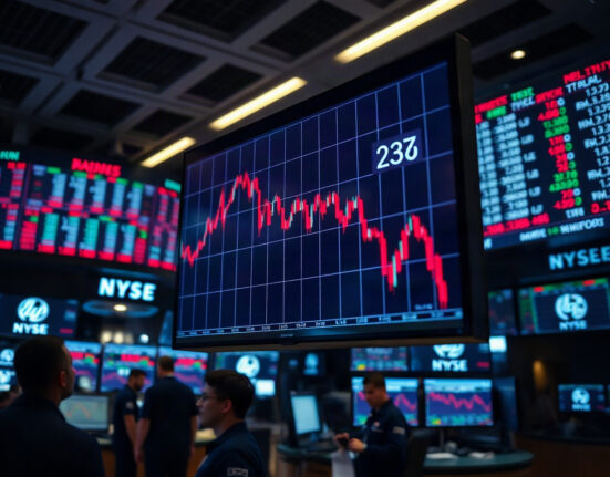 Trading screen showing red market data with downward trends on a professional trading floor
