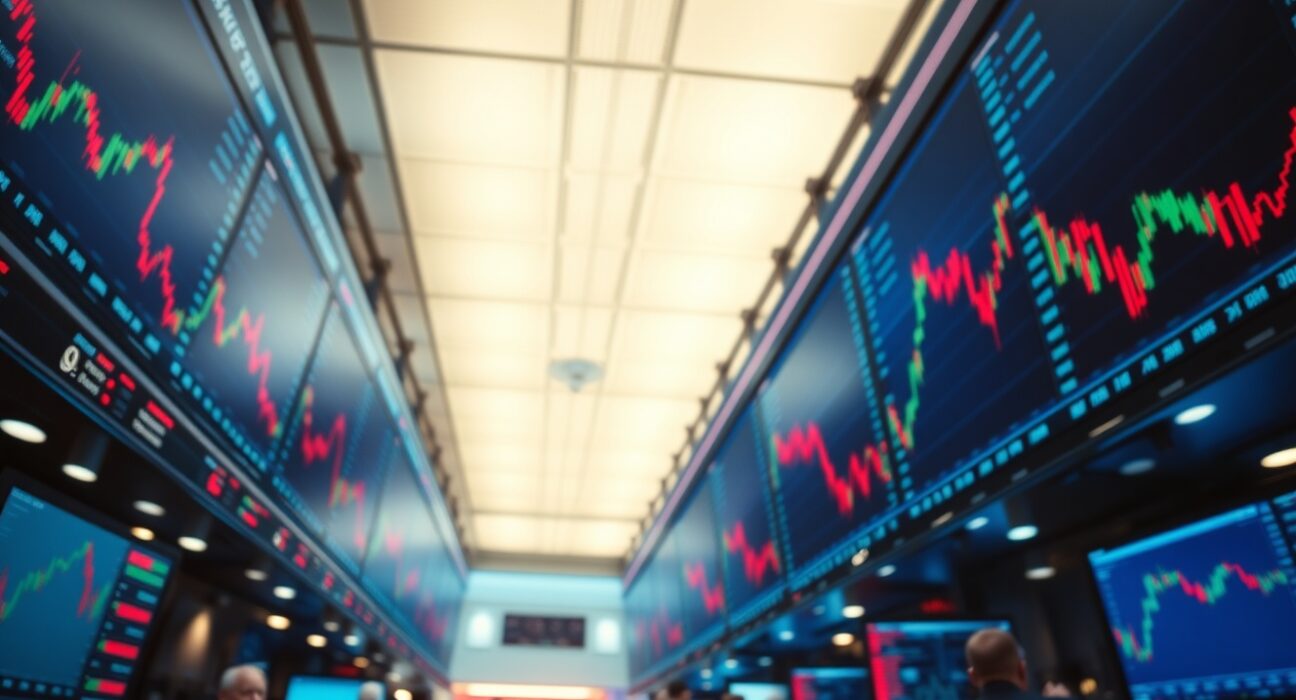 Stock market trading floor with screens showing charts and a flashing warning signal