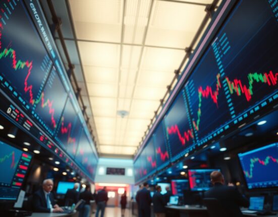 Stock market trading floor with screens showing charts and a flashing warning signal