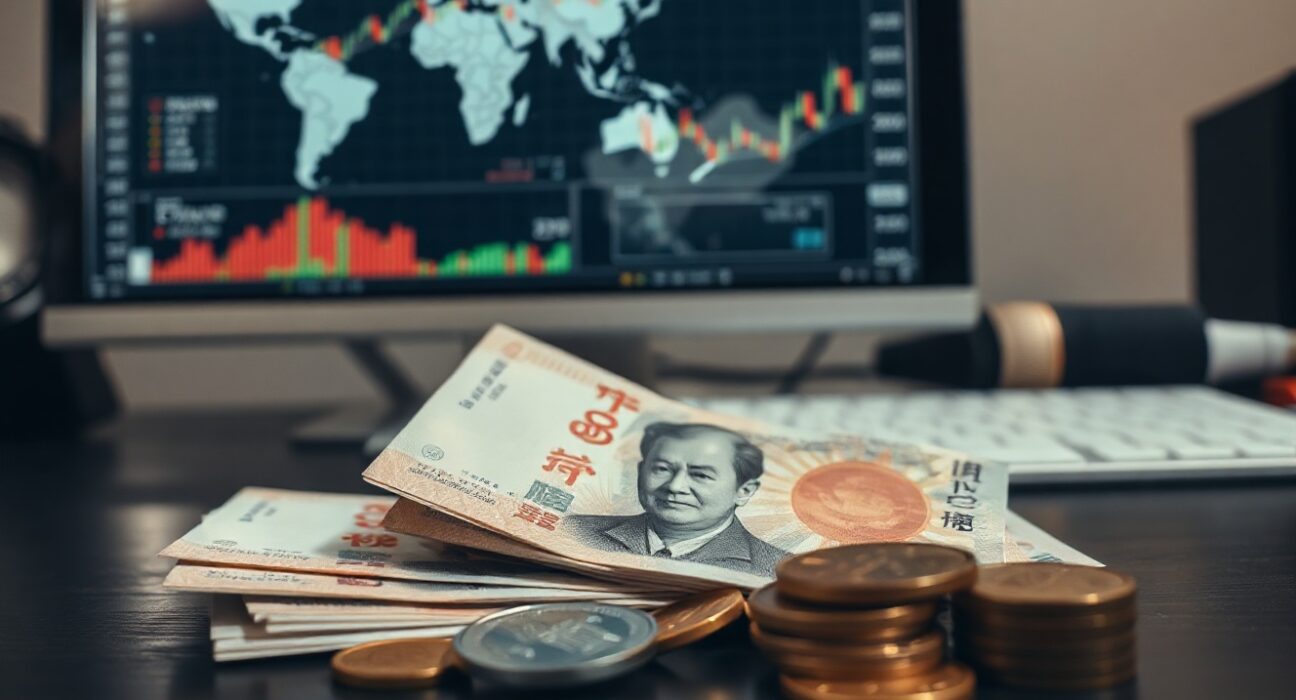 Japanese Yen banknotes and coins with financial charts in background, representing currency market analysis.