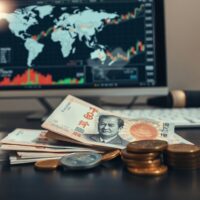 Japanese Yen banknotes and coins with financial charts in background, representing currency market analysis.