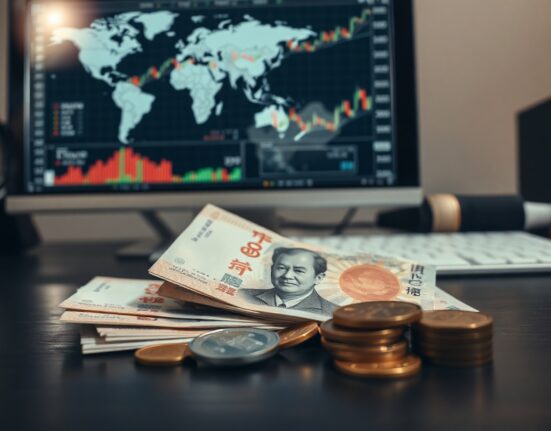 Japanese Yen banknotes and coins with financial charts in background, representing currency market analysis.