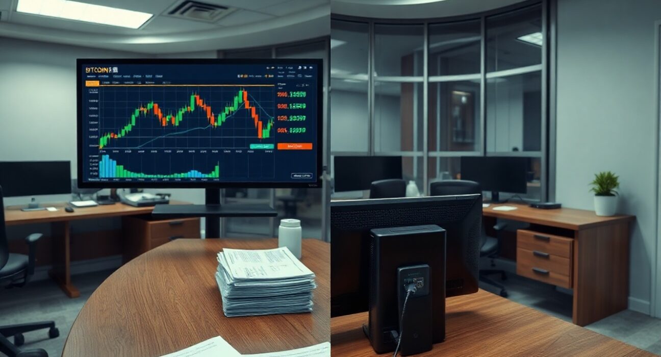 Split view of a trading floor with Bitcoin charts and a Japanese brokerage office with bond documents