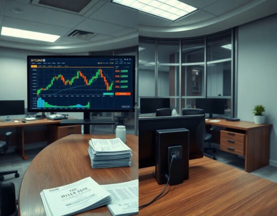 Split view of a trading floor with Bitcoin charts and a Japanese brokerage office with bond documents