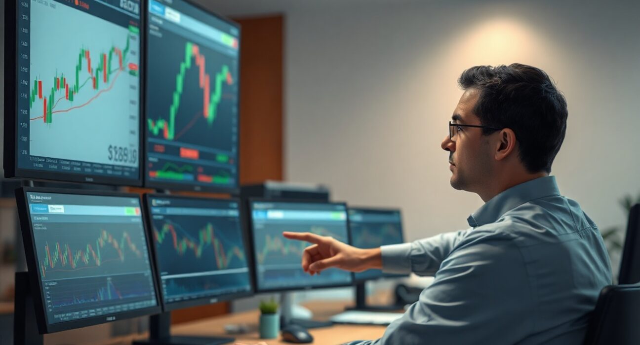 Trader analyzing candlestick charts on multiple monitors in a modern office
