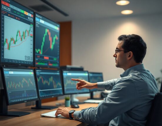 Trader analyzing candlestick charts on multiple monitors in a modern office