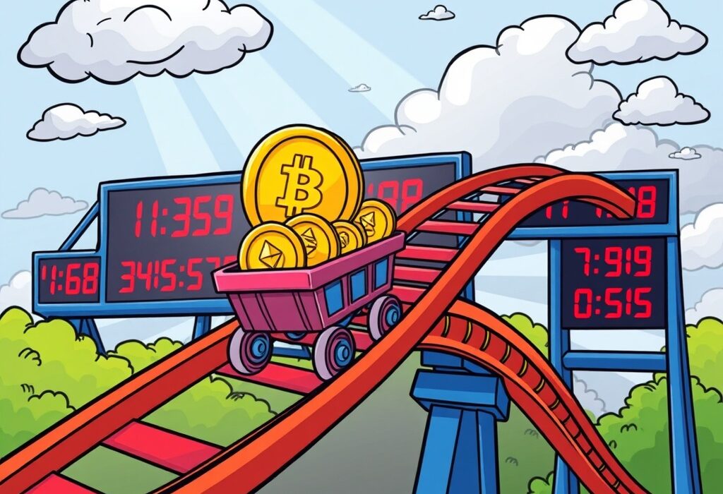 A cartoon showing cryptocurrency coins on a rollercoaster during a period of market volatility, illustrating economic shifts.