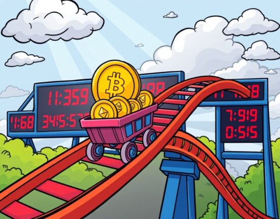 A cartoon showing cryptocurrency coins on a rollercoaster during a period of market volatility, illustrating economic shifts.