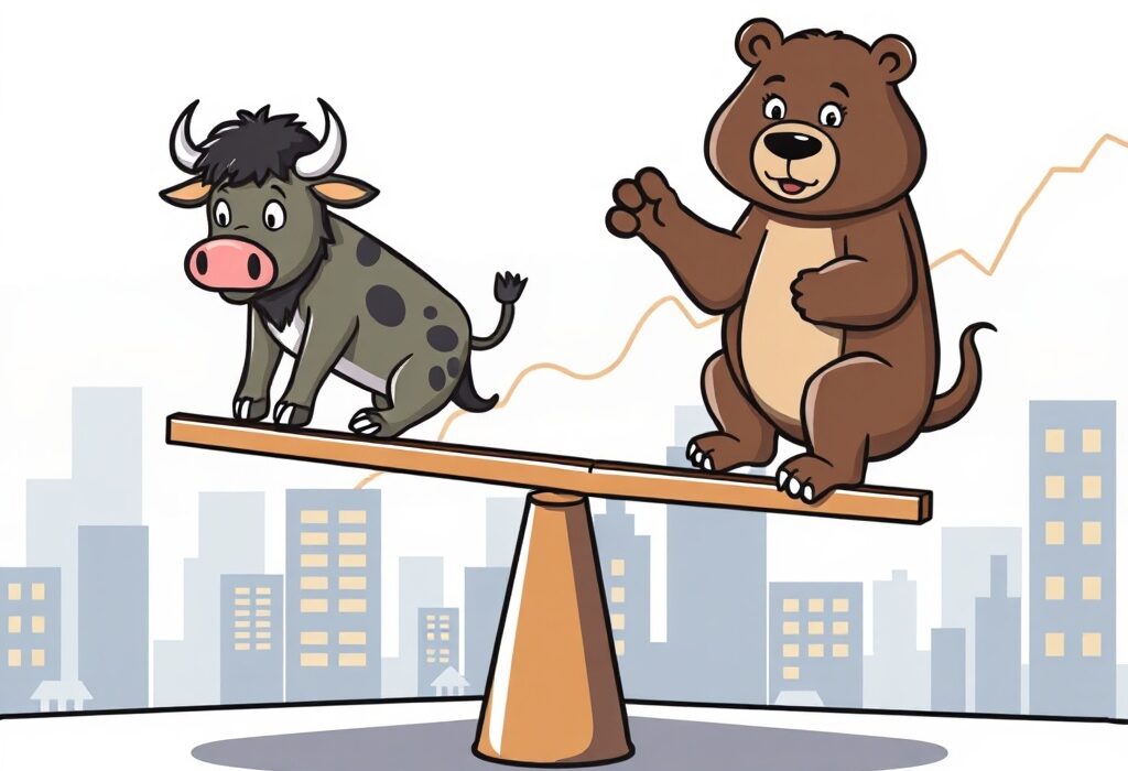 Cartoon illustration showing a seesaw balancing bull and bear, representing mixed U.S. stock market performance and overall market volatility.