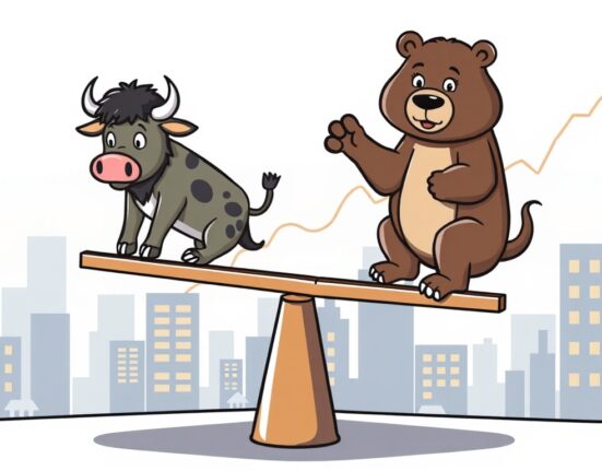 Cartoon illustration showing a seesaw balancing bull and bear, representing mixed U.S. stock market performance and overall market volatility.