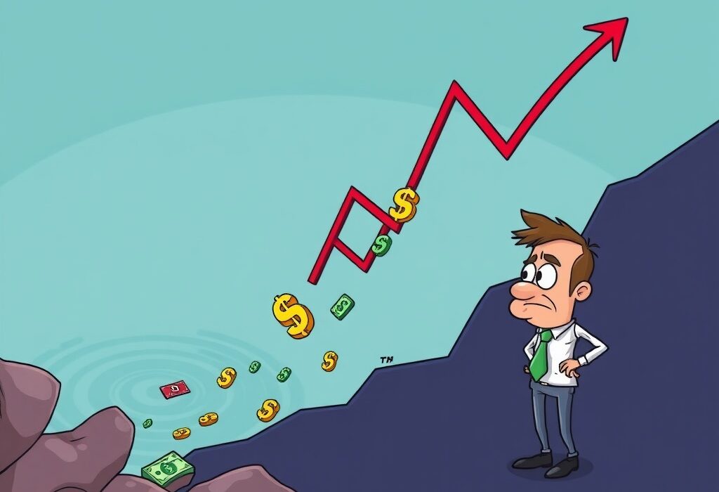 A cartoon showing market volatility with stock symbols declining, illustrating the urgent concerns in U.S. financial markets.