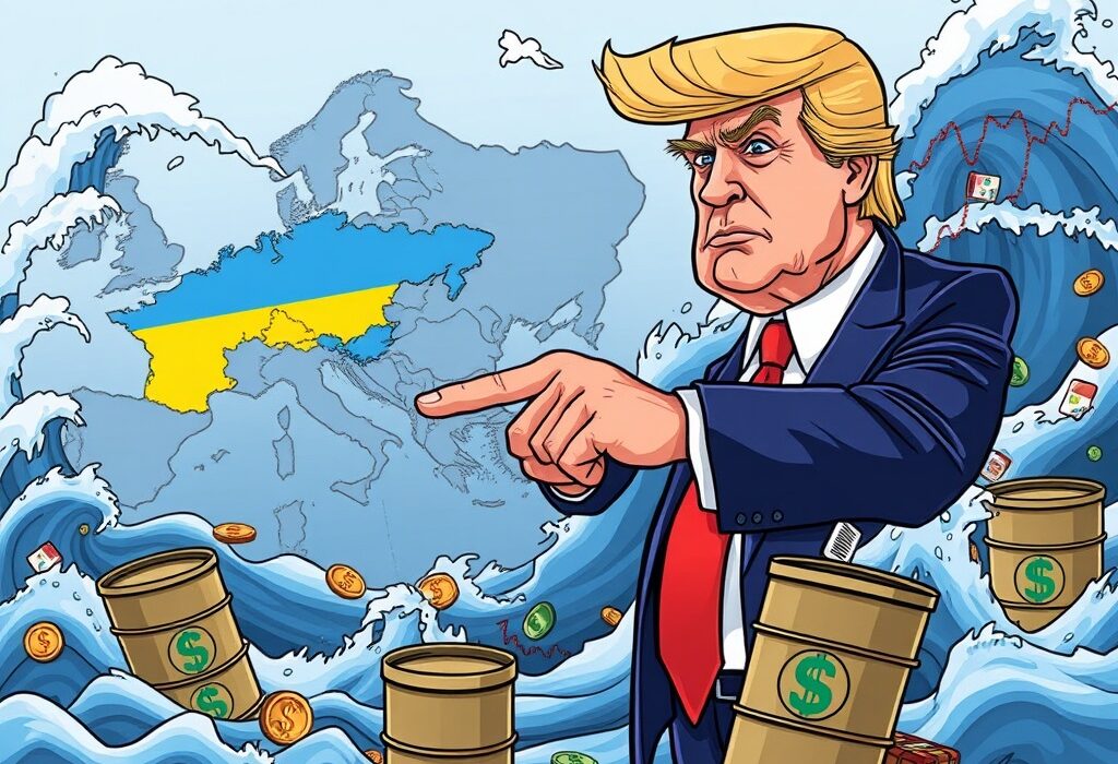 A cartoon depicting Trump's ultimatum causing market volatility, with global financial symbols and oil barrels reacting to the news.