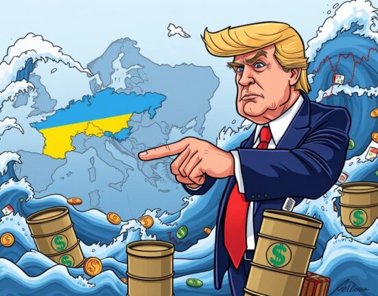 A cartoon depicting Trump's ultimatum causing market volatility, with global financial symbols and oil barrels reacting to the news.