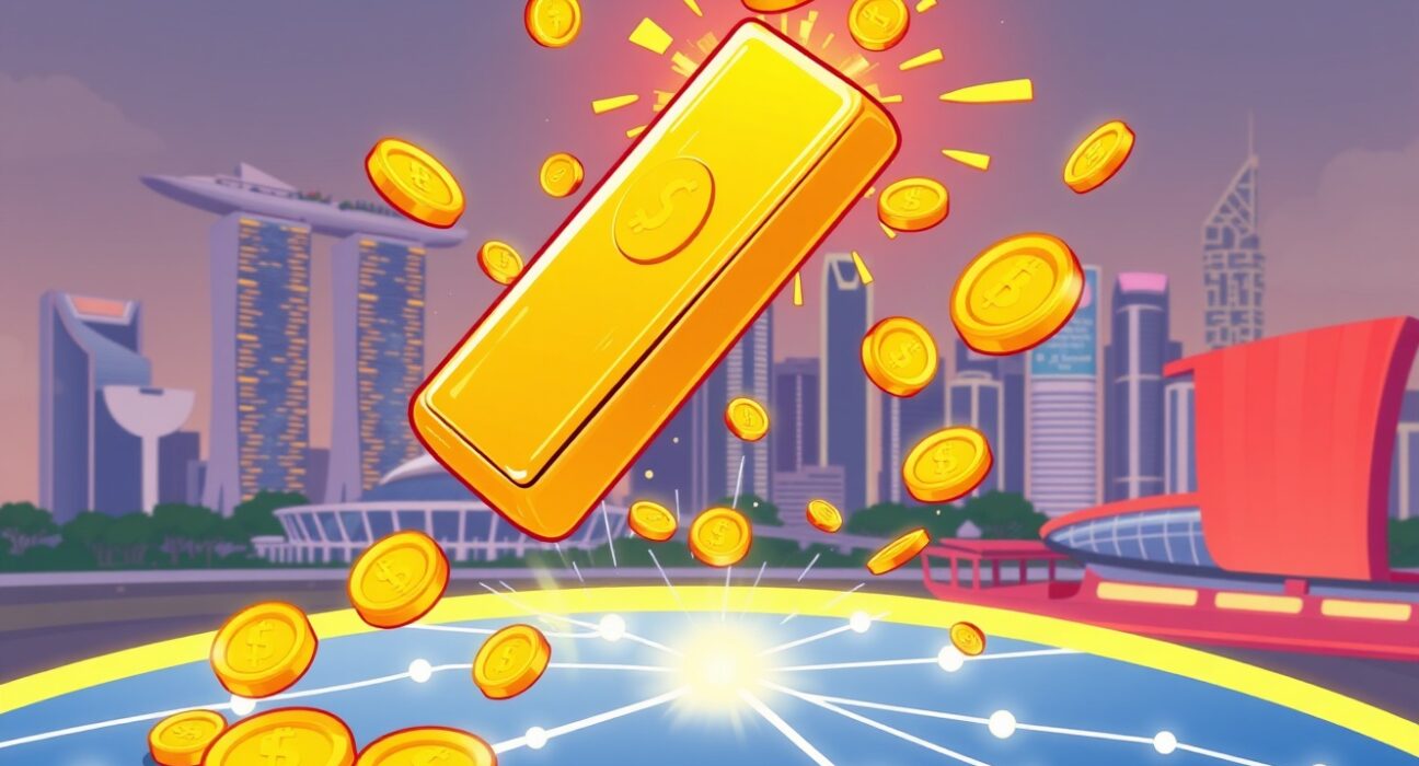 Cartoon illustration of a tokenized gold fund transforming physical gold into digital assets on Solana blockchain