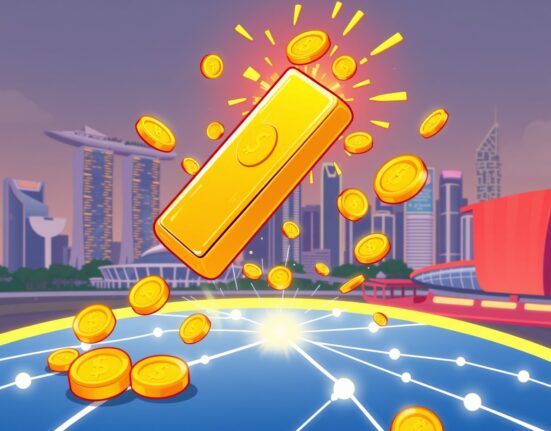 Cartoon illustration of a tokenized gold fund transforming physical gold into digital assets on Solana blockchain
