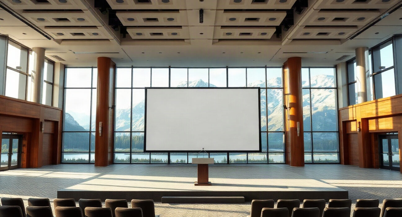 Empty conference hall at Jackson Hole prepared for the central bank symposium.